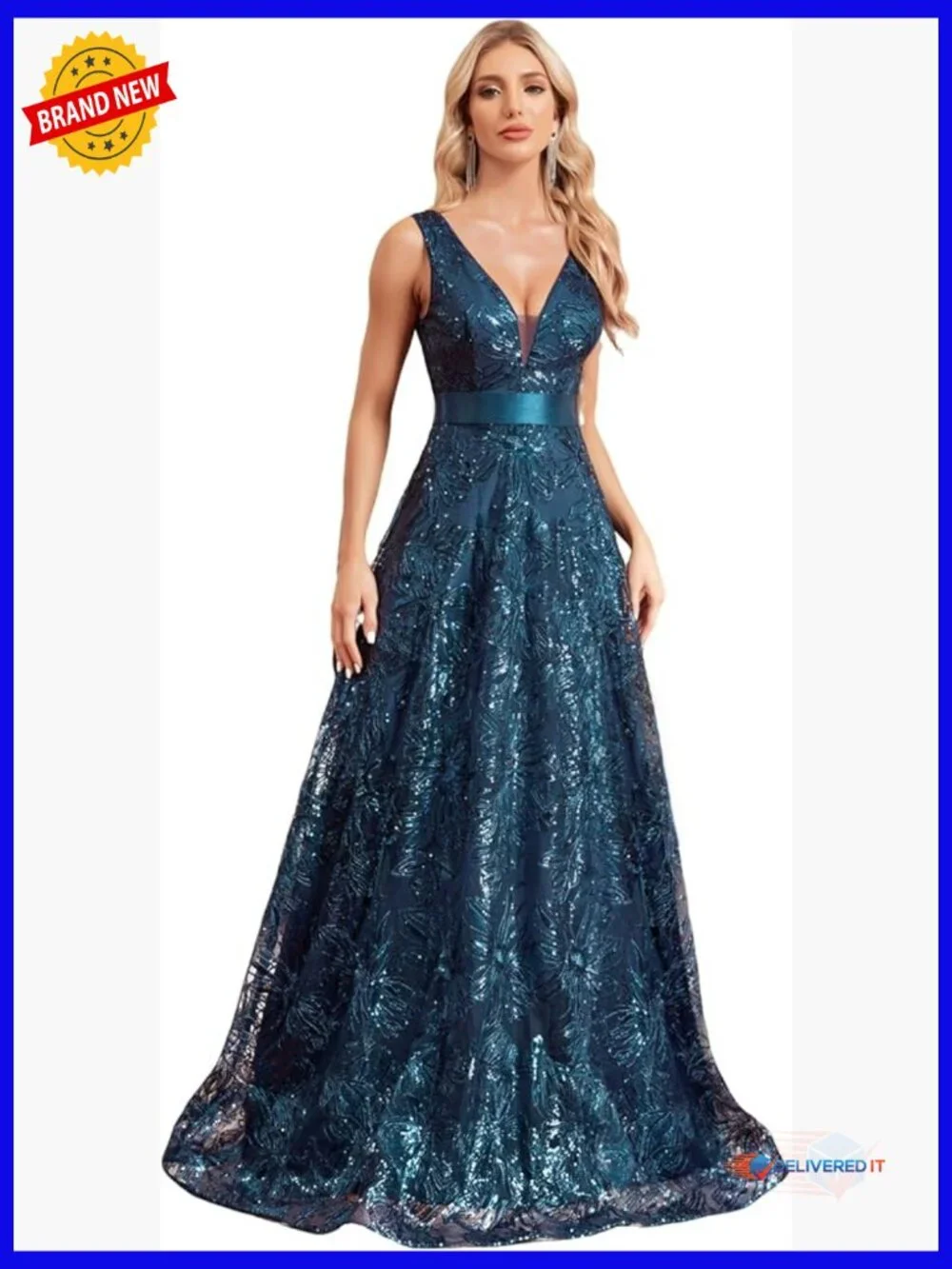 Sequin Embroidered V-Neck Maxi Formal Dress with Backless A-Line Silhouette - Picture 1 of 7